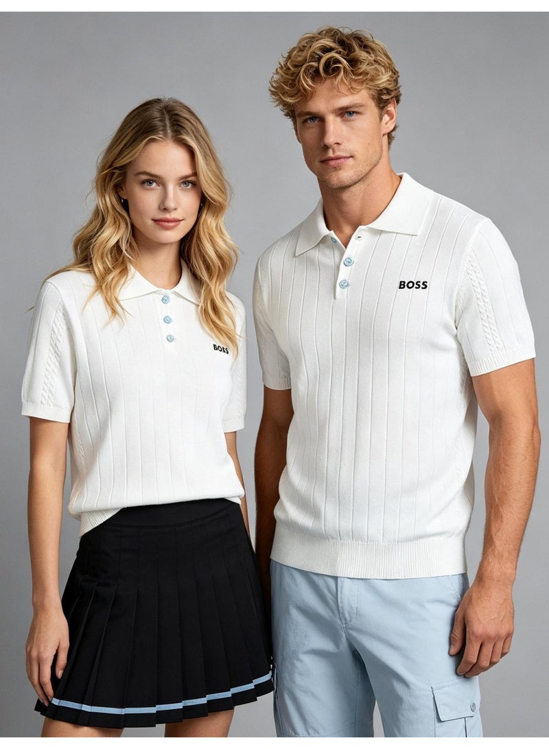 BOSS Unisex Short Sleeve Knit Polo Shirt, White, Men's Women's Casual Top - Image 5