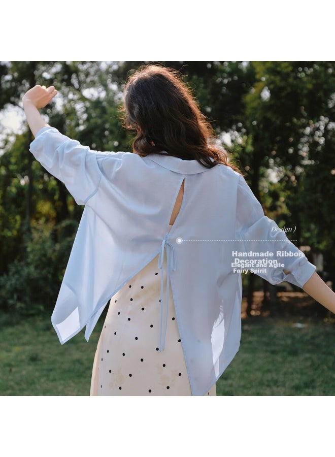 Olrain Lazy Style Lightweight Shirt Summer Women'S Sunscreen Loose Sun Protection Shirt Top Air-Conditioned Shirt Blue Xl - Image 1