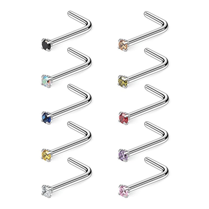 Ruifan 10PCS 20G Surgical Steel Mix Color Diamond CZ Nose Stud Rings L Shaped Piercing Jewelry 1.5mm - Image 4