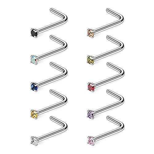 Ruifan 10PCS 20G Surgical Steel Mix Color Diamond CZ Nose Stud Rings L Shaped Piercing Jewelry 1.5mm - Image 1
