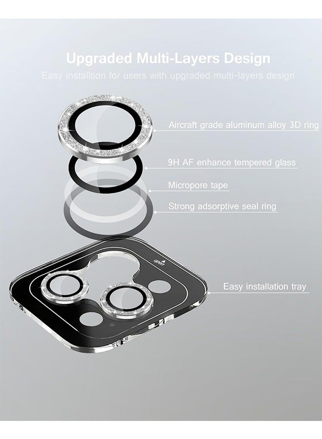 Beyond Camera Lens Protector for iPhone 15 Pro/Pro Max, 9H Tempered Glass Metal Individual Ring Cover, Glitter Bling Screen Camera Cover (Silver)  - Image 2