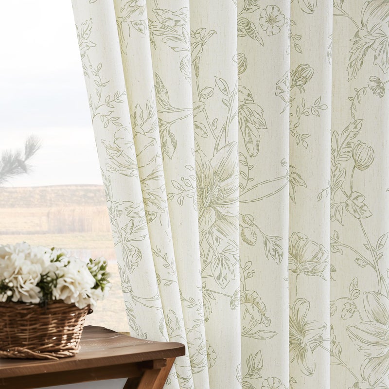 BILEEHOME Sage Green Floral Linen 108 Inch Curtains 2 Panels Set Pinch Pleated for Living Room Light Filtering Green Pattern Print Semi Sheer Curtain Memory Trained Farmhouse Vintage Country Pinch Pleat Drapes - Image 2
