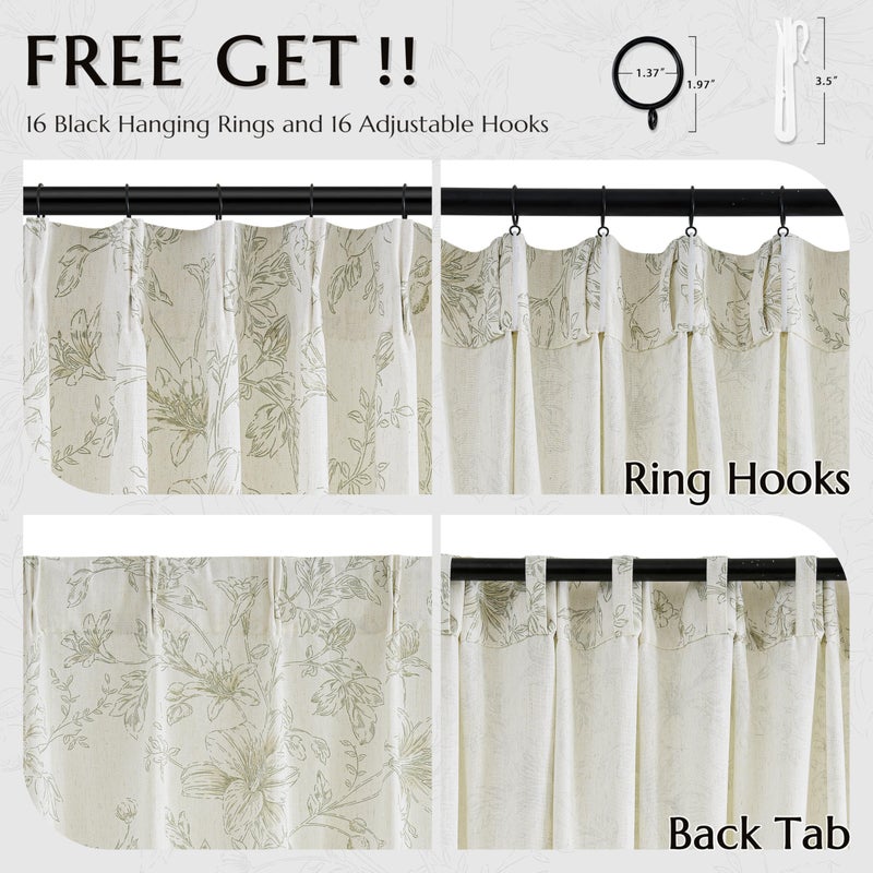 BILEEHOME Sage Green Floral Linen 108 Inch Curtains 2 Panels Set Pinch Pleated for Living Room Light Filtering Green Pattern Print Semi Sheer Curtain Memory Trained Farmhouse Vintage Country Pinch Pleat Drapes - Image 4