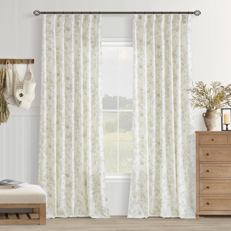 BILEEHOME Sage Green Floral Linen 108 Inch Curtains 2 Panels Set Pinch Pleated for Living Room Light Filtering Green Pattern Print Semi Sheer Curtain Memory Trained Farmhouse Vintage Country Pinch Pleat Drapes - Image 1