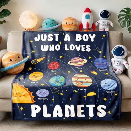 ARTBLANKET Just A Boy Who Loves Planets Solar System Space Throw Blanket Fannel Fleece Super Soft Funny Blanket Travel Throw Blanket for Bed Couch Sofa 40 x 50 Inch for Kid - Image 1