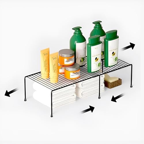 WonderStand Metal Expandable Cabinet Shelf Divider Rack for Kitchen Cabinets/Plate Stand/Utensil Rack (Black, Table Mount, Tiered Shelf) - Image 1