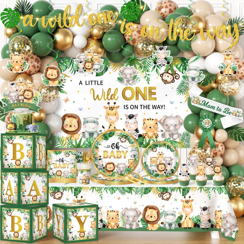 Bezkega Safari Baby Shower Decorations,262pcs Wild Birthday Decorations Jungle Baby Shower Decorations Plates and Napkin Cups Backdrop Banner Tablecloth Balloons Garland Boxes,Serves 20 - Image 1