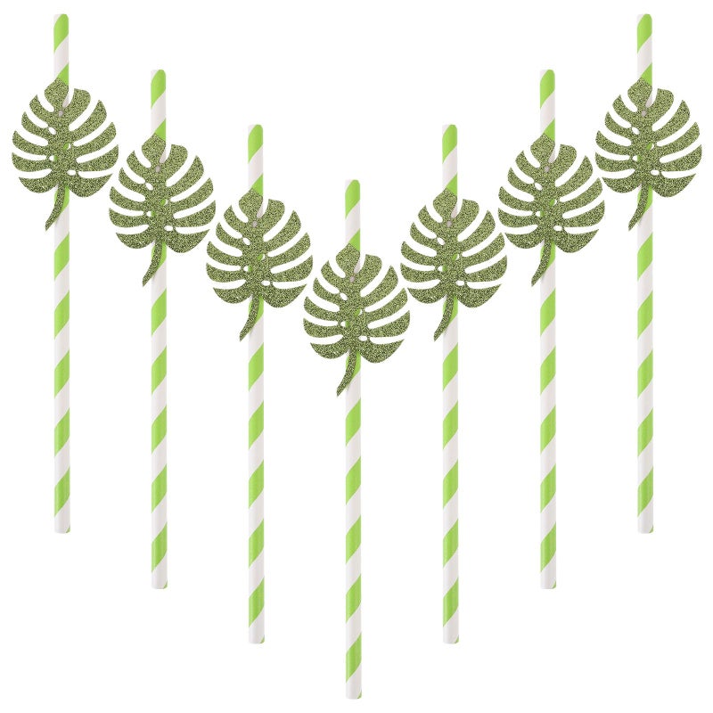 Glitter Monstera Leaf Disposable Paper Straws 10 Pieces For Summer Pool Party Decoration - Image 2
