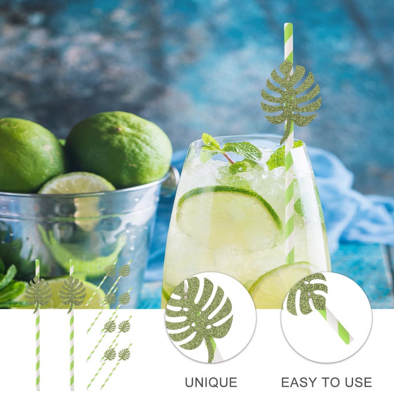 Glitter Monstera Leaf Disposable Paper Straws 10 Pieces For Summer Pool Party Decoration - Image 4