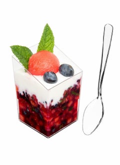SYOSI 30 x 3 oz Mini Dessert Cups with Spoons Square Slanted - Clear Plastic Parfait Appetizer Cup  - Image 1