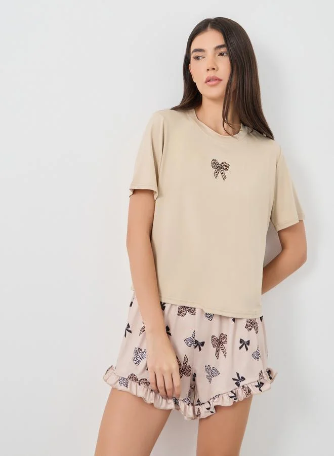 Take Two Take Two Bowknot Printed T-Shirt and Shorts Set