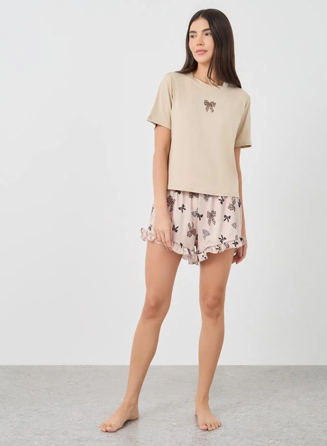 Take Two Take Two Bowknot Printed T-Shirt and Shorts Set
