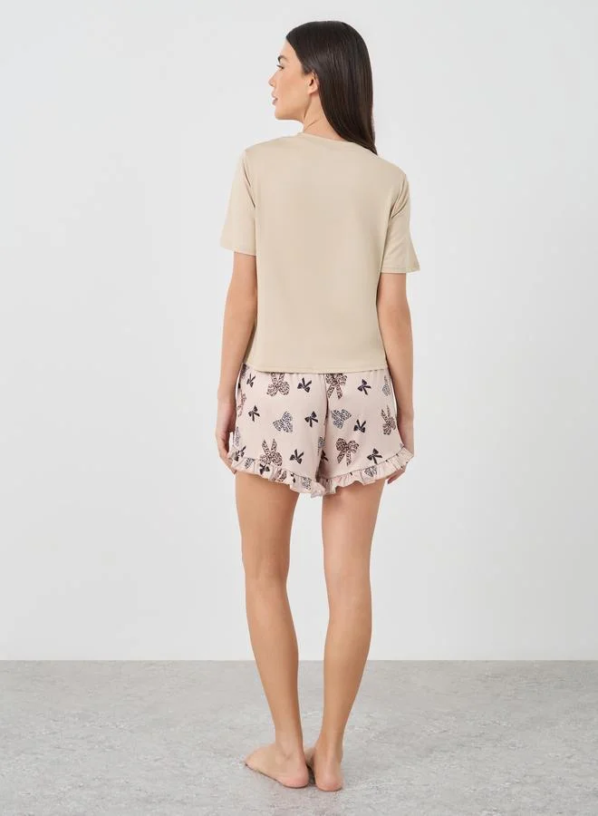 Take Two Take Two Bowknot Printed T-Shirt and Shorts Set