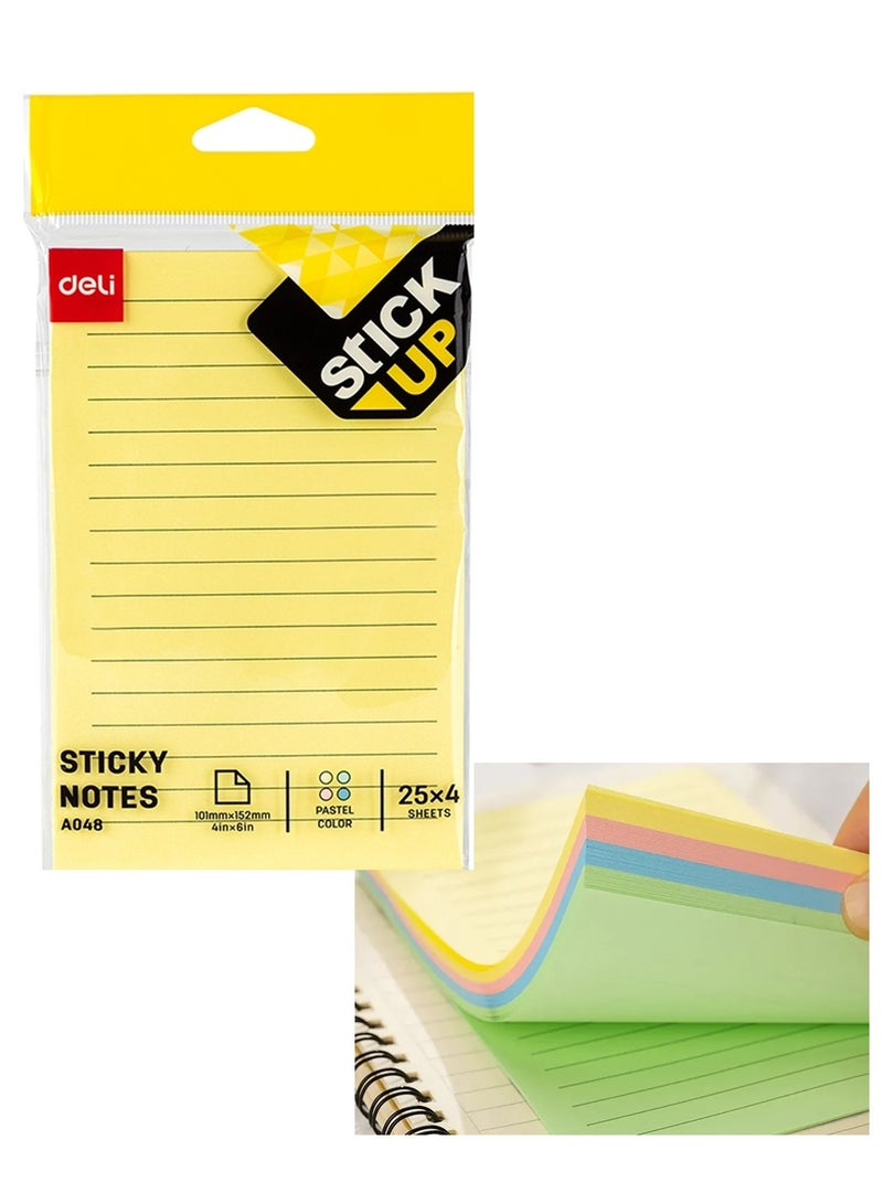 Deli ملاحظات لاصقة مخططة 100 ورقة بألوان باستيل بحجم 4x6 إنش - Image 1