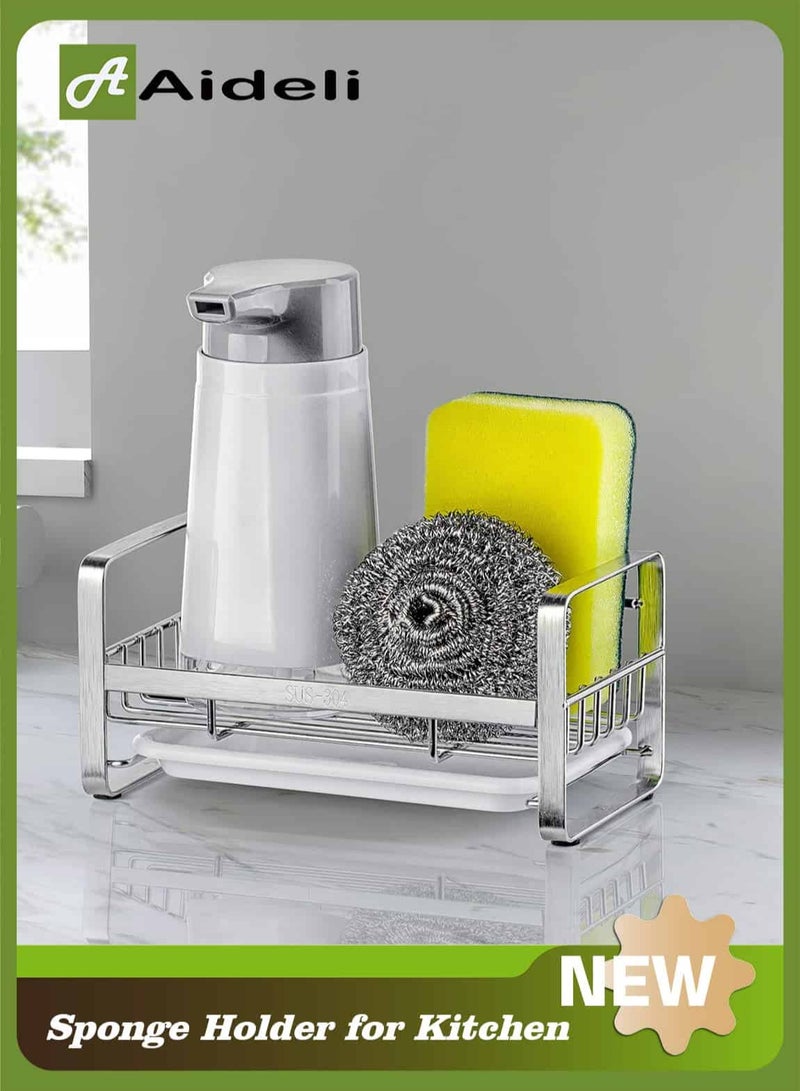 Aideli Sponge Holder for Kitchen Sink- Stainless Steel Kitchen Sink Caddy for Organizing Sponge, Brush & Soap Dish Dispenser, Kitchen Sink Organizer Rack with Adhesive or Counter top, argent - Image 1