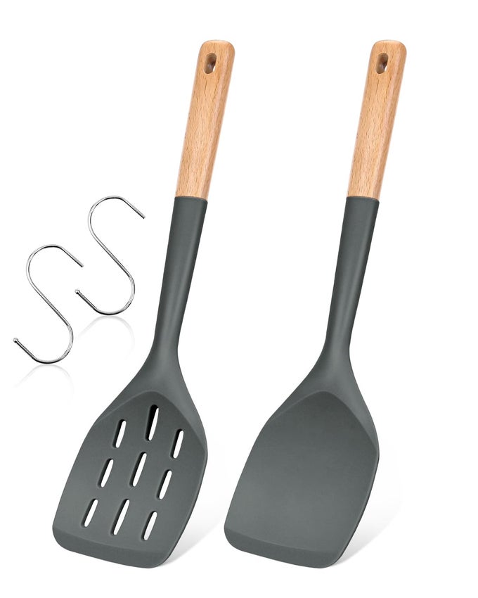 PACK OF 2 SILICONE SPATULA NON STICK COOKING UTENSIL SET WOODEN HANDLE KITCHEN TURNER FOR BAKING MIXING GRILLING SERVING FOOD HEAT RESISTANT NON SCRATCH HOOKS INCLUDED GREY