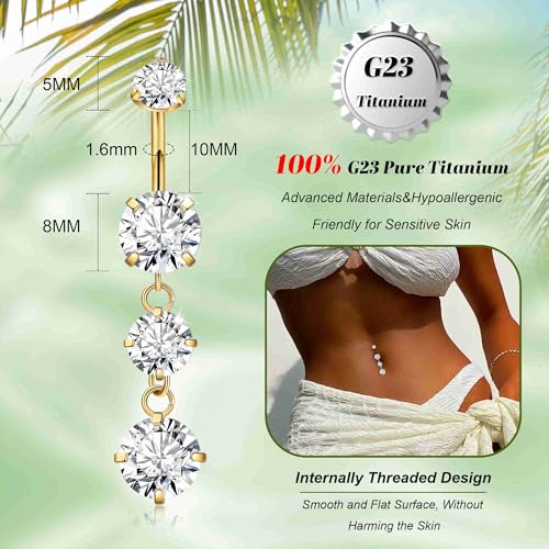 Masedy G23 Titanium Dangle Belly Button Rings for Women Dangling Navel Rings CZ Belly Rings Curved Barbell Internally Threaded Belly Piercing Jewelry Gold - Image 2