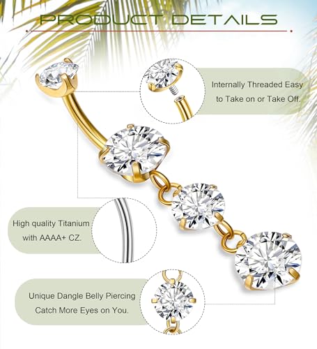 Masedy G23 Titanium Dangle Belly Button Rings for Women Dangling Navel Rings CZ Belly Rings Curved Barbell Internally Threaded Belly Piercing Jewelry Gold - Image 3