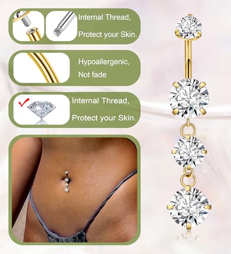 Masedy G23 Titanium Dangle Belly Button Rings for Women Dangling Navel Rings CZ Belly Rings Curved Barbell Internally Threaded Belly Piercing Jewelry Gold - Image 4