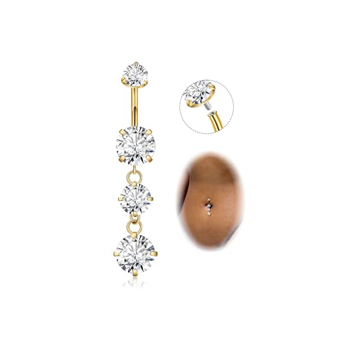 Masedy G23 Titanium Dangle Belly Button Rings for Women Dangling Navel Rings CZ Belly Rings Curved Barbell Internally Threaded Belly Piercing Jewelry Gold - Image 1