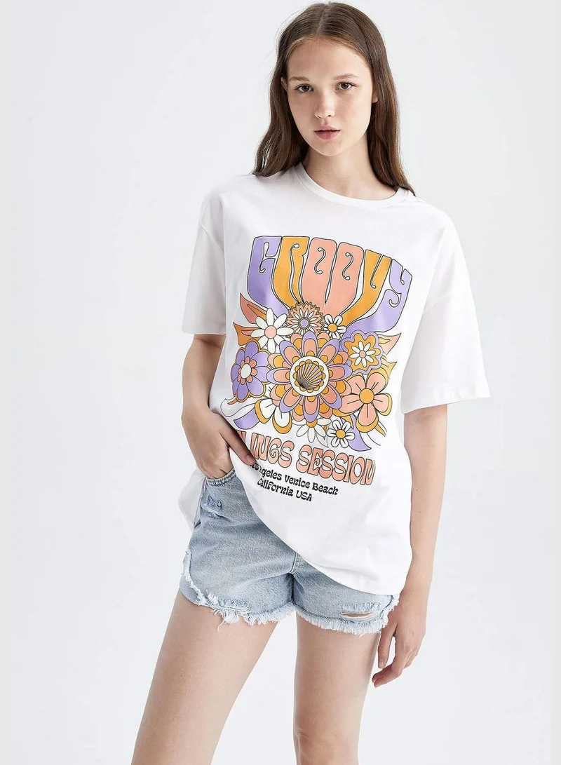 ديفاكتو Oversized Short Sleeve Floral Print T-Shirt