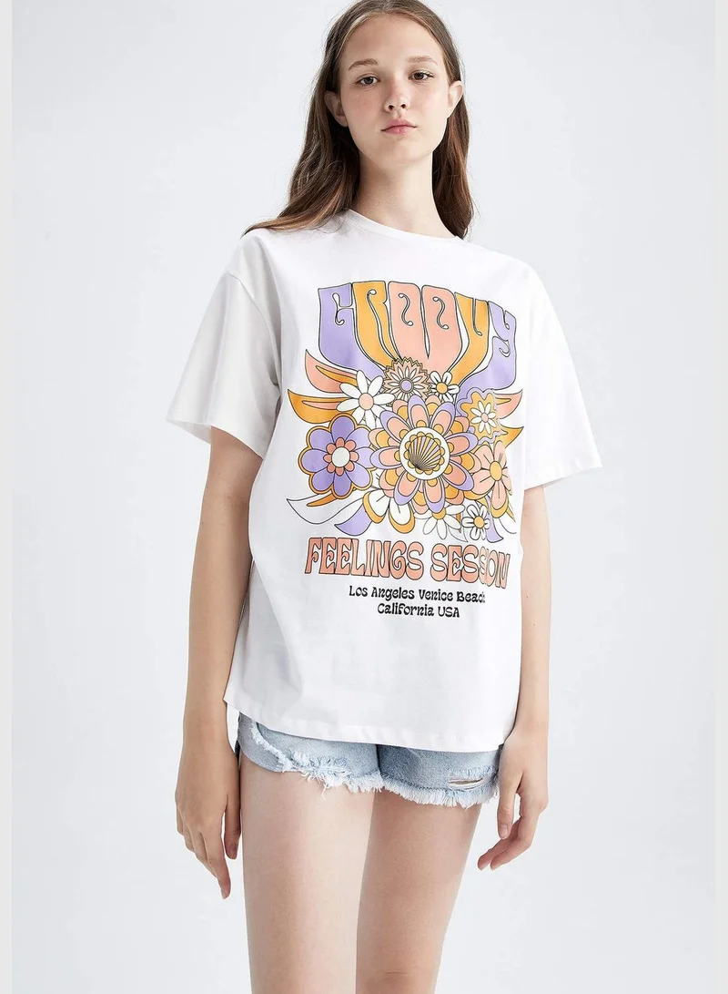 ديفاكتو Oversized Short Sleeve Floral Print T-Shirt