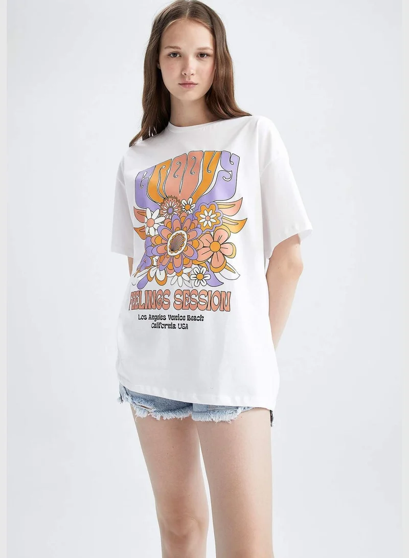 ديفاكتو Oversized Short Sleeve Floral Print T-Shirt