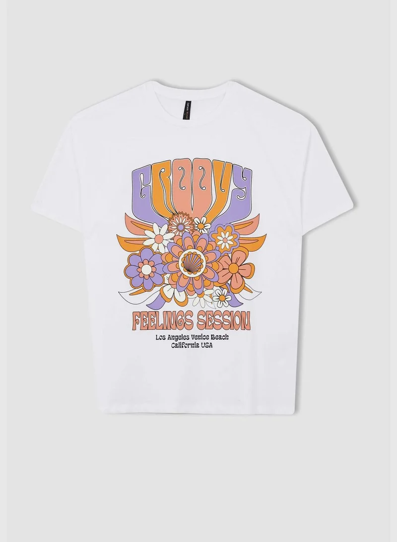 ديفاكتو Oversized Short Sleeve Floral Print T-Shirt