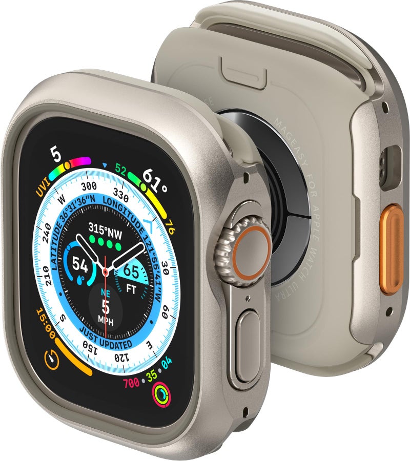 MAGEASY Aircraft-Grade Aluminum Rugged Case for Apple Watch Ultra 3, Ultra 2, Apple Watch Ultra 49mm | 2 in 1 Metal Hard Shell with Shockproof Inner Bumper for Max Protection, Odyssey - Titanium - Image 1