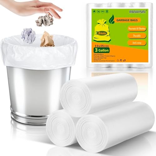 Inwaysin 3 Gallon Disposable Trash Bags - Unscented Bulk Office Garbage Can Liners Strong Durable Plastic Waste Basket Liner for Home, Bathroom, 3 Rolls, 105 Count, Clear White Inwaysin - Image 1