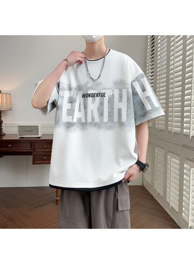 Foss Phil Men's Short-sleeve T-shirt, Summer American High Street Style, Ice Silk Thin Fabric, Faux Two-piece Design, Loose Fit, Five-quarter Sleeves, F25805 White 3XL - Image 2