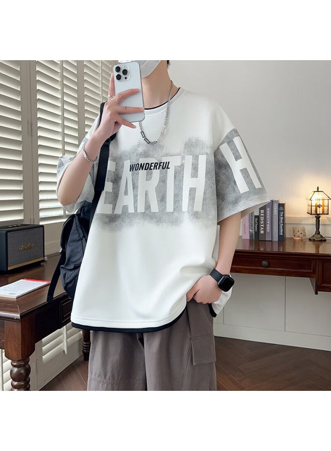 Foss Phil Men's Short-sleeve T-shirt, Summer American High Street Style, Ice Silk Thin Fabric, Faux Two-piece Design, Loose Fit, Five-quarter Sleeves, F25805 White 3XL - Image 4