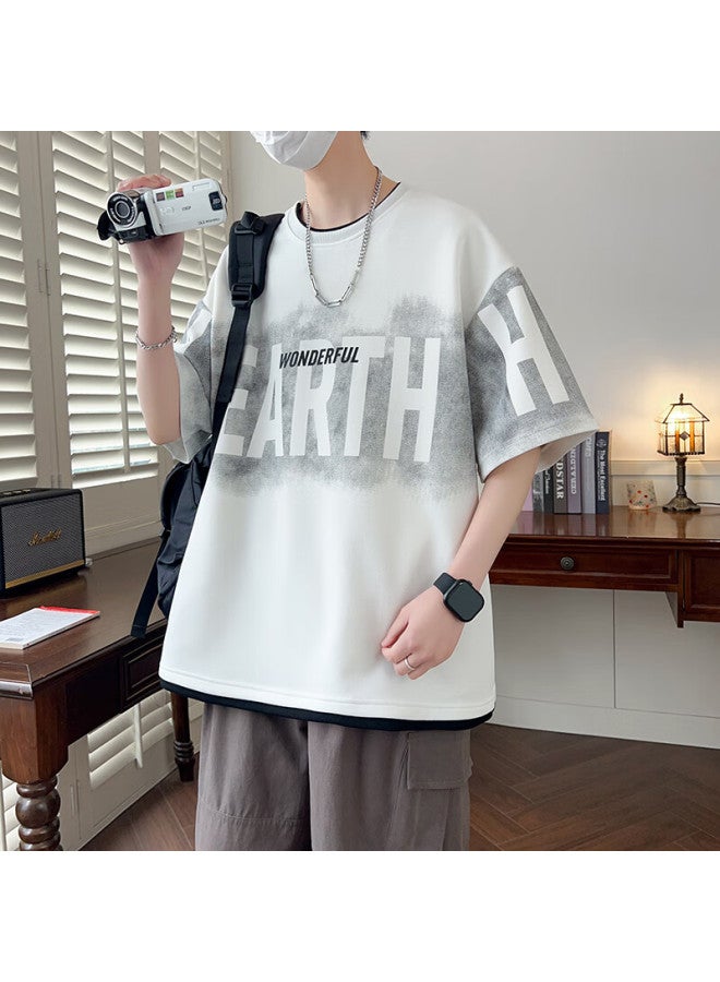 Foss Phil Men's Short-sleeve T-shirt, Summer American High Street Style, Ice Silk Thin Fabric, Faux Two-piece Design, Loose Fit, Five-quarter Sleeves, F25805 White 3XL - Image 5
