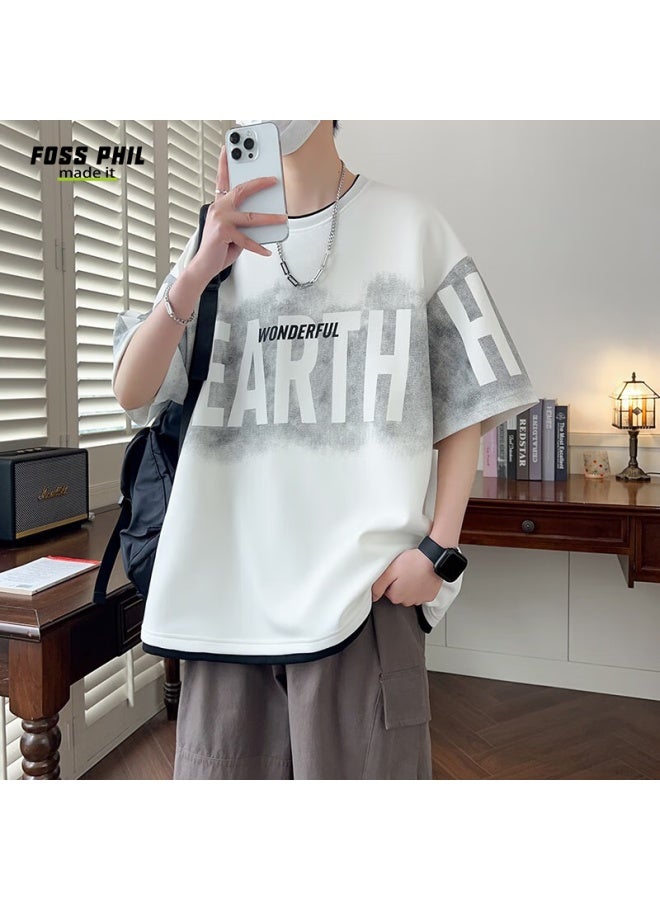 Foss Phil Men's Short-sleeve T-shirt, Summer American High Street Style, Ice Silk Thin Fabric, Faux Two-piece Design, Loose Fit, Five-quarter Sleeves, F25805 White 3XL - Image 1