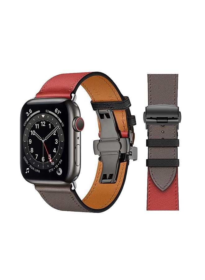 NIBEMINENT Genuine Leather Replacement Band with Black Buckle for Apple Watch Series 6/SE/5/4/3/2/1 44/42mm Red/Grey - Image 1