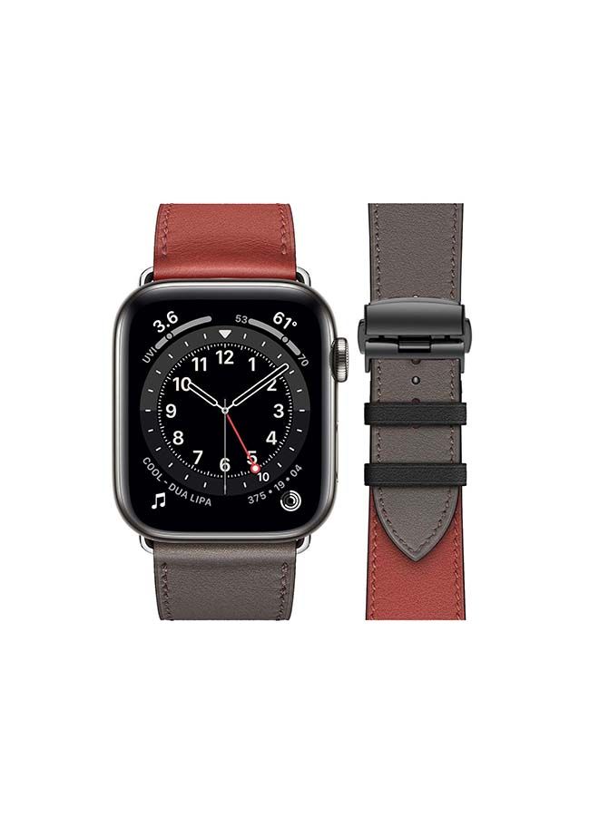 NIBEMINENT Genuine Leather Replacement Band with Black Buckle for Apple Watch Series 6/SE/5/4/3/2/1 44/42mm Red/Grey - Image 2