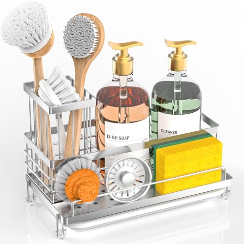 Cisily Stainless Steel Kitchen Sink Caddy Organizer, Sponge Holder for Sink Rustproof, Non-Slip Soap Dish Dispenser Brush Holder Storage, Home & Kitchen Essentials Accessories - Image 1