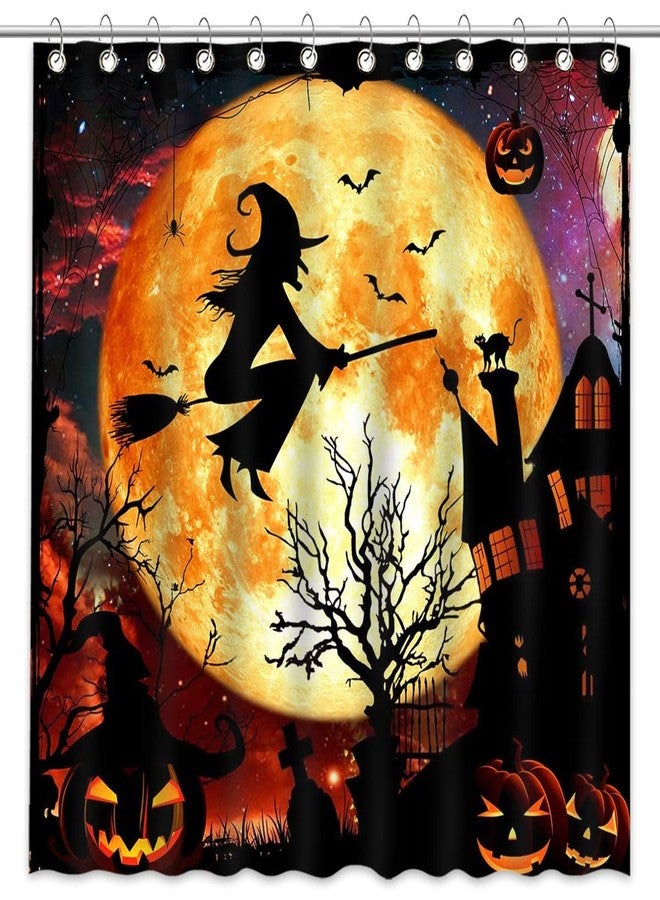 Mocsicka Halloween Shower Curtain Flying Witch Halloween Castle Bathroom Curtain Horror Orange Night Moon Polyester Fabric Shower Curtain Set 72x72 Inch with 12 Hooks - Image 2