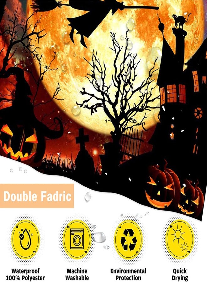 Mocsicka Halloween Shower Curtain Flying Witch Halloween Castle Bathroom Curtain Horror Orange Night Moon Polyester Fabric Shower Curtain Set 72x72 Inch with 12 Hooks - Image 3