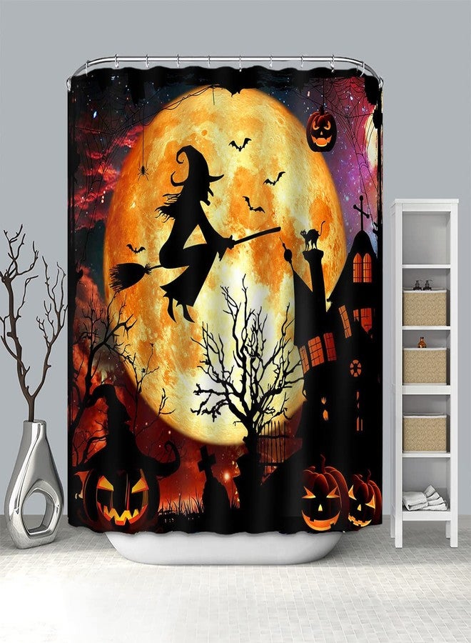 Mocsicka Halloween Shower Curtain Flying Witch Halloween Castle Bathroom Curtain Horror Orange Night Moon Polyester Fabric Shower Curtain Set 72x72 Inch with 12 Hooks - Image 5