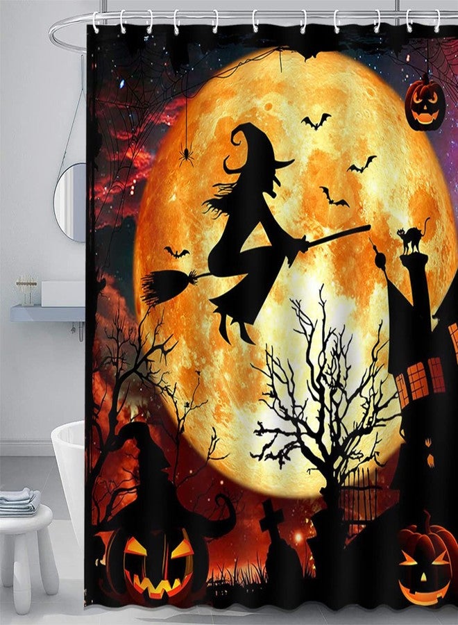Mocsicka Halloween Shower Curtain Flying Witch Halloween Castle Bathroom Curtain Horror Orange Night Moon Polyester Fabric Shower Curtain Set 72x72 Inch with 12 Hooks - Image 1