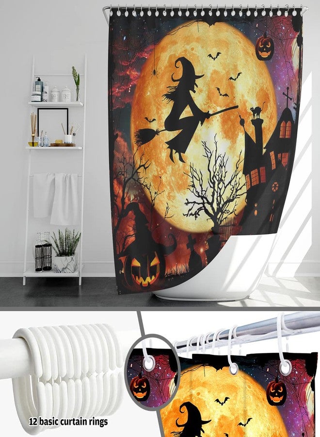 Mocsicka Halloween Shower Curtain Flying Witch Halloween Castle Bathroom Curtain Horror Orange Night Moon Polyester Fabric Shower Curtain Set 72x72 Inch with 12 Hooks - Image 4