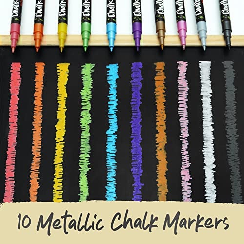 Chalkola Extra Fine Tip Metallic Chalk Markers (10 Pack, 1mm Point) - Liquid Chalk Pens for Chalkboard, Blackboard, Bistro Menu, Car Windows, Glass, Acrylic Board - Thin Erasable Wet Erase Paint Ink - Image 2