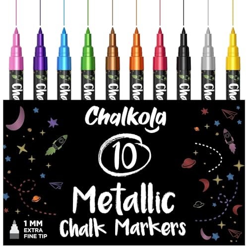 Chalkola Extra Fine Tip Metallic Chalk Markers (10 Pack, 1mm Point) - Liquid Chalk Pens for Chalkboard, Blackboard, Bistro Menu, Car Windows, Glass, Acrylic Board - Thin Erasable Wet Erase Paint Ink - Image 1