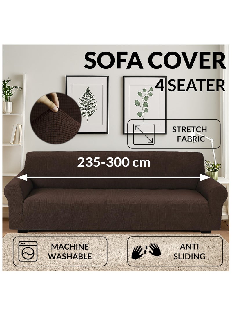 Fabienne Stretch Fit 4-Seater Sofa Cover Soft Brushed Fabric Couch Cover Exquisitely Full Coverage Furniture Protector Slipcover Four Seater Fits on Standard and Recliner Sofa 235-300cm Size Brown - Image 1