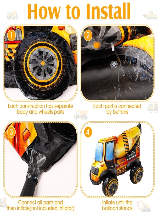 Simgoing 4 Pcs Self Standing 4D Foil Construction Balloons Birthday Party Supplies, Large Excavator Vehicle Dump Truck Mixer Truck Balloons for Kids Boys Construction Birthday Party Decorations - Image 5