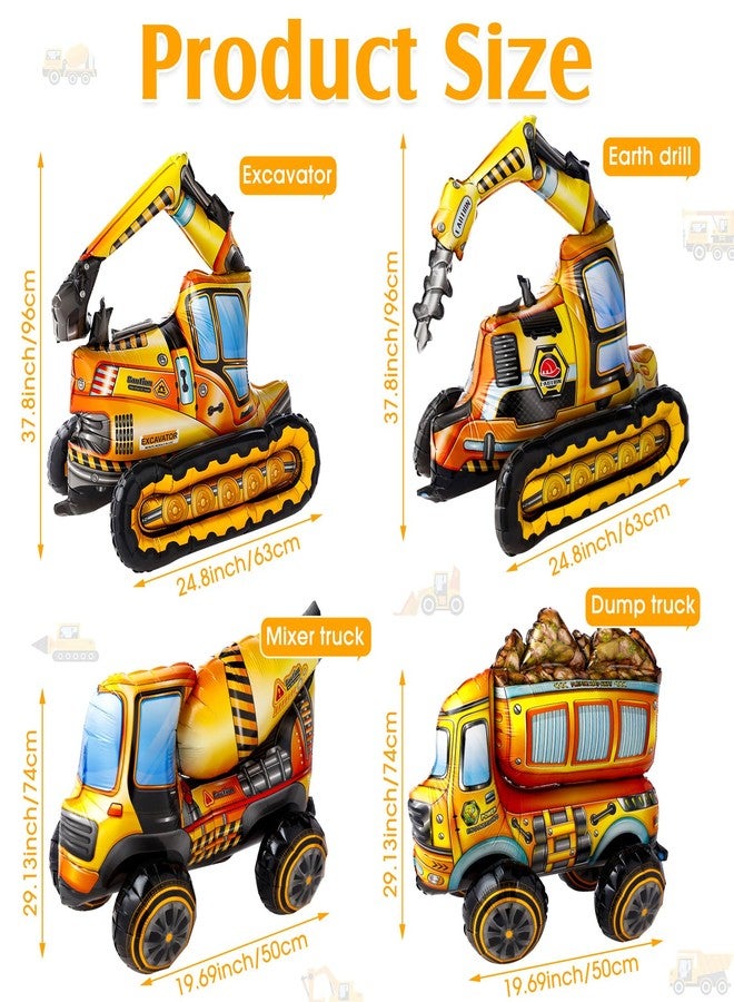 Simgoing 4 Pcs Self Standing 4D Foil Construction Balloons Birthday Party Supplies, Large Excavator Vehicle Dump Truck Mixer Truck Balloons for Kids Boys Construction Birthday Party Decorations - Image 2