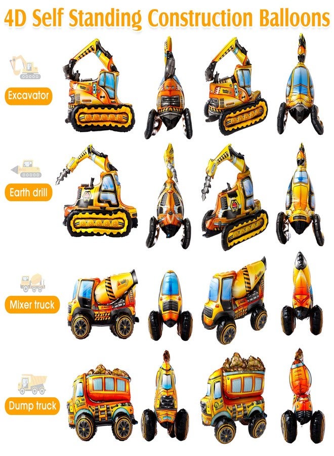 Simgoing 4 Pcs Self Standing 4D Foil Construction Balloons Birthday Party Supplies, Large Excavator Vehicle Dump Truck Mixer Truck Balloons for Kids Boys Construction Birthday Party Decorations - Image 4