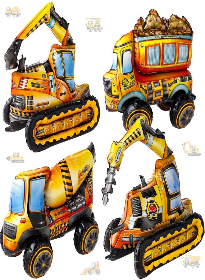 Simgoing 4 Pcs Self Standing 4D Foil Construction Balloons Birthday Party Supplies, Large Excavator Vehicle Dump Truck Mixer Truck Balloons for Kids Boys Construction Birthday Party Decorations - Image 1