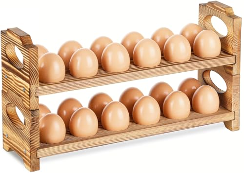 AOOHOOA Wooden Egg Holder Countertop Stackable Wooden Egg Storage Organizer 2Tier 24Hole Farmhouse Eggs Rack Wood with Handle for Fresh Eggs to Store ChickenDuckQuailTurkeyEaster Egg - Image 1